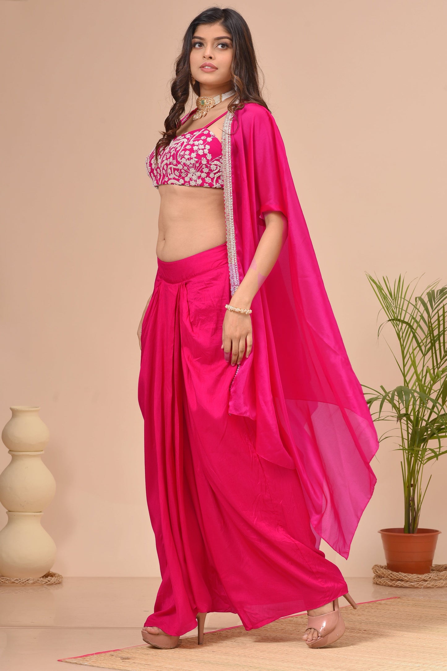 Fuchsia Pink Georgette Beads Embroidered Cape Set