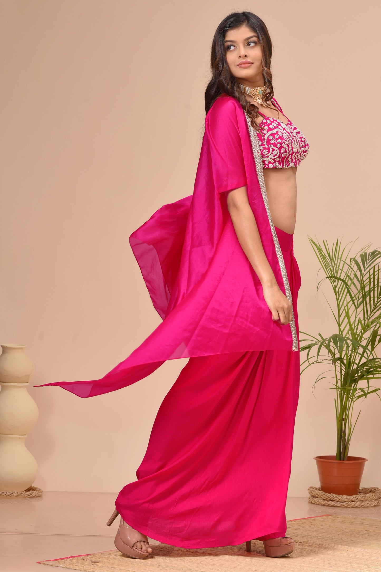 Fuchsia Pink Georgette Beads Embroidered Cape Set