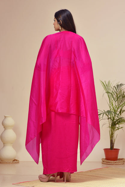 Fuchsia Pink Georgette Beads Embroidered Cape Set