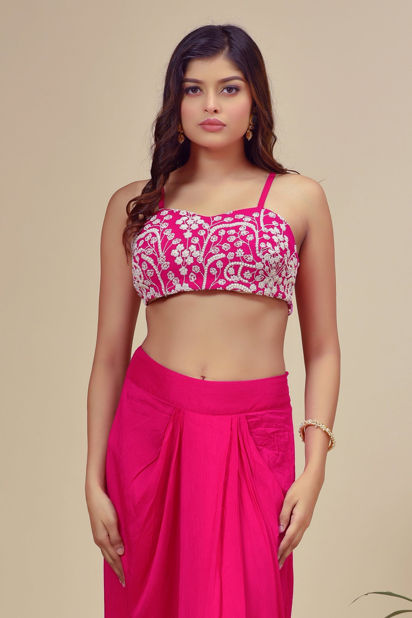 Fuchsia Pink Georgette Beads Embroidered Cape Set