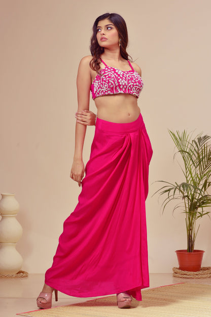 Fuchsia Pink Georgette Beads Embroidered Cape Set