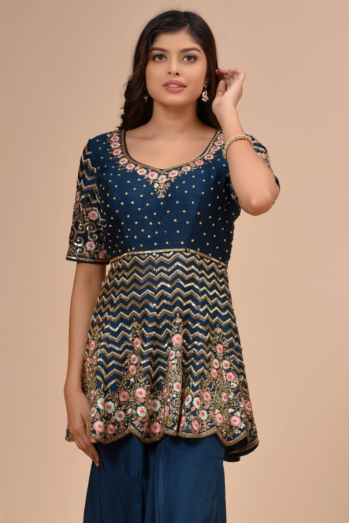 Midnight Green Crepe Peplum Embroidered Kurta Sharara Set