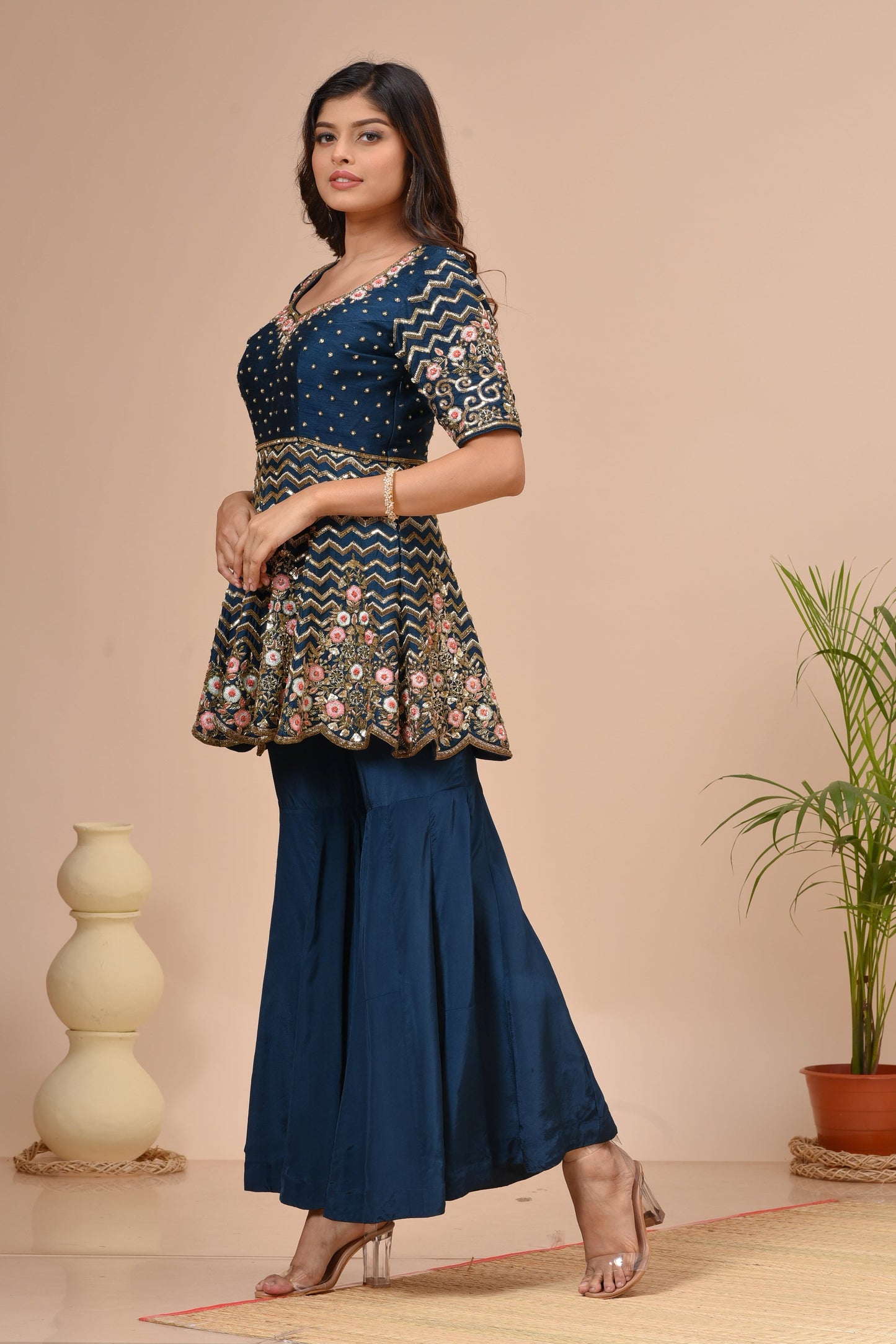 Midnight Green Crepe Peplum Embroidered Kurta Sharara Set