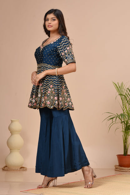 Midnight Green Crepe Peplum Embroidered Kurta Sharara Set
