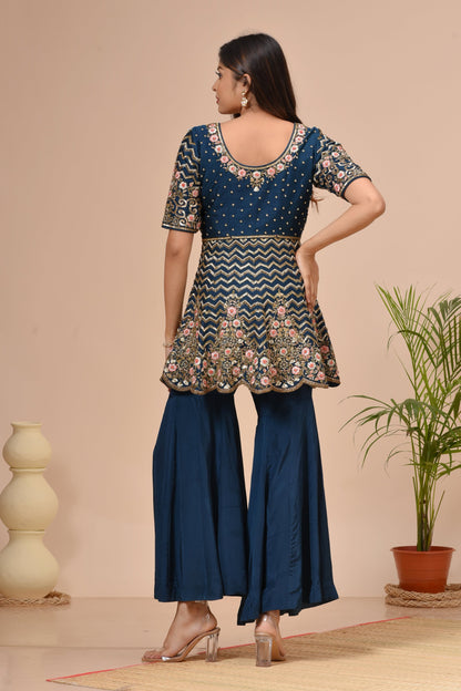 Midnight Green Crepe Peplum Embroidered Kurta Sharara Set