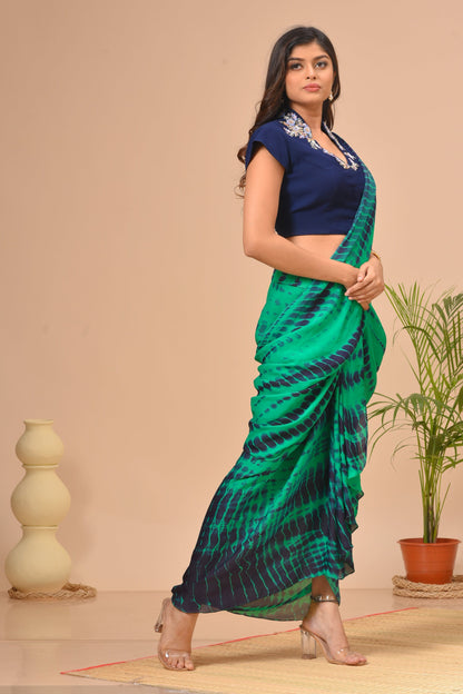 Teal Green Tie Dye Pre-Draped Saree Set