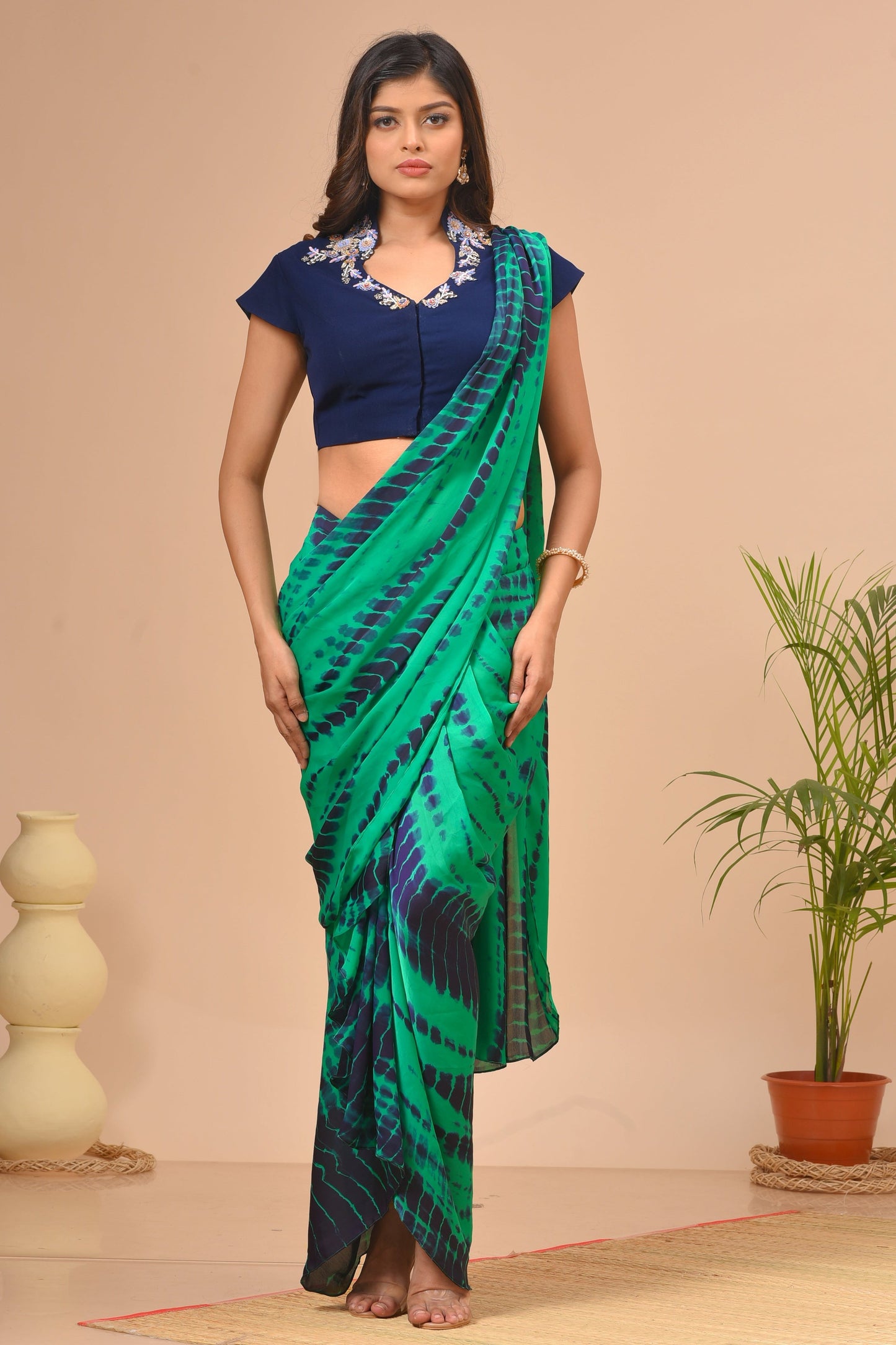 Teal Green Tie Dye Pre-Draped Saree Set