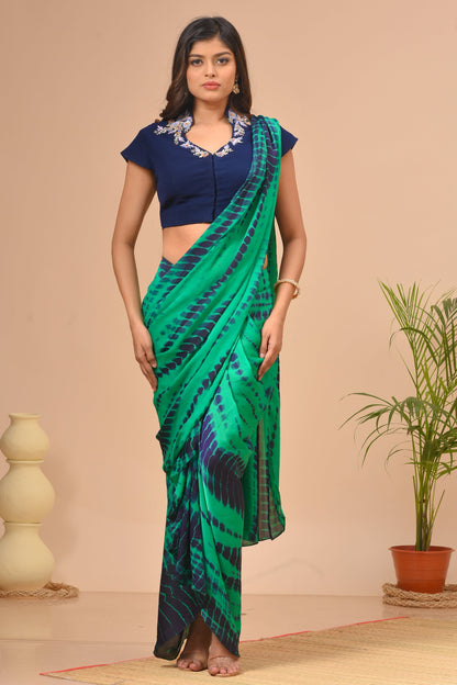 Teal Green Tie Dye Pre-Draped Saree Set
