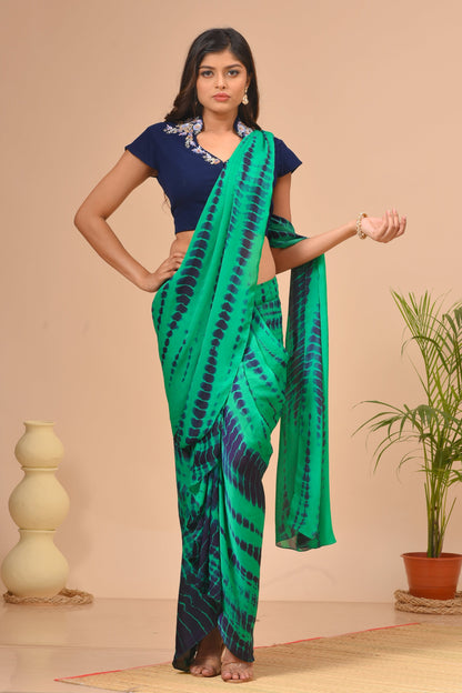 Teal Green Tie Dye Pre-Draped Saree Set