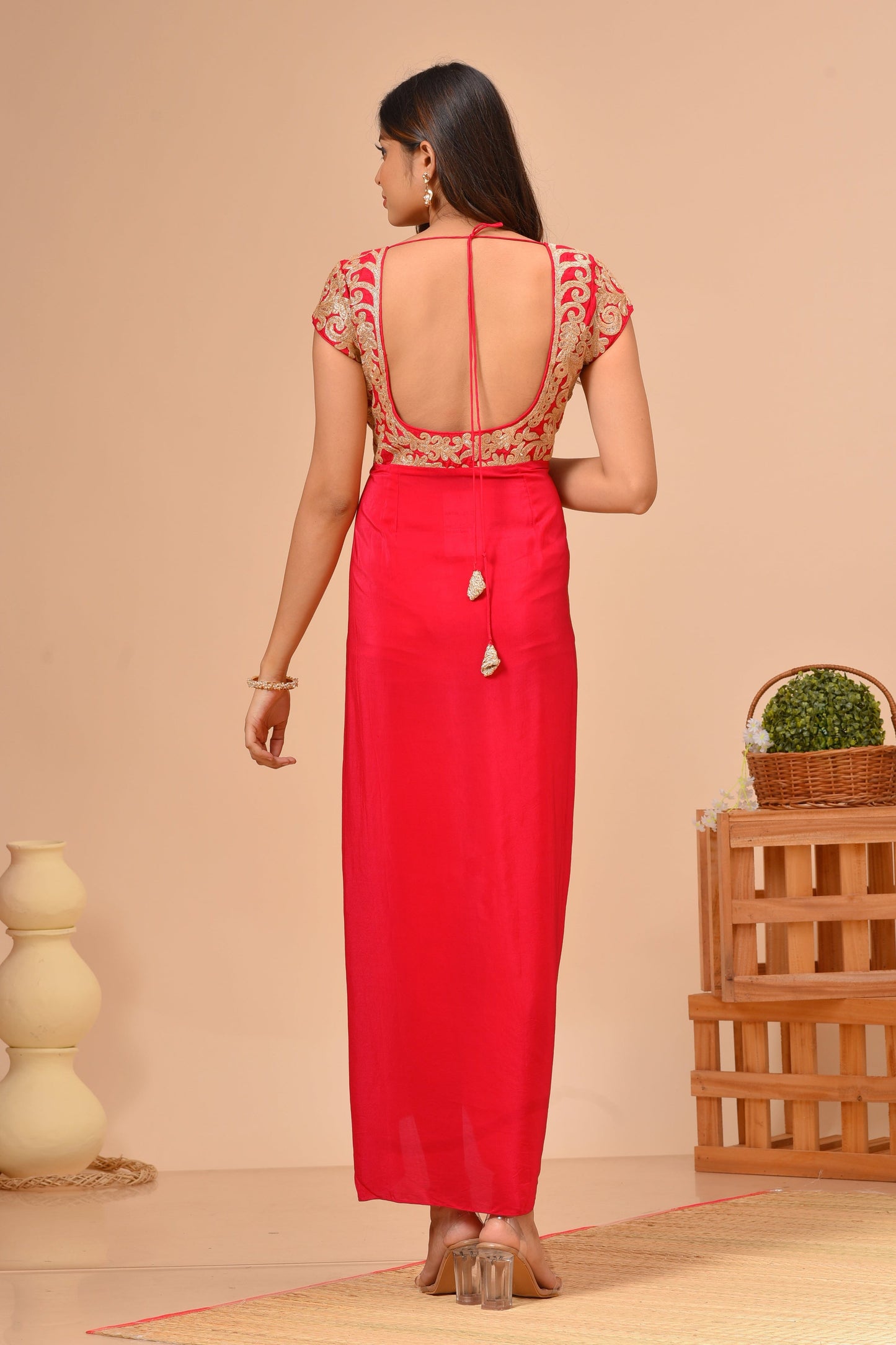 Red Habutai Silk Draped Embroidered Dress