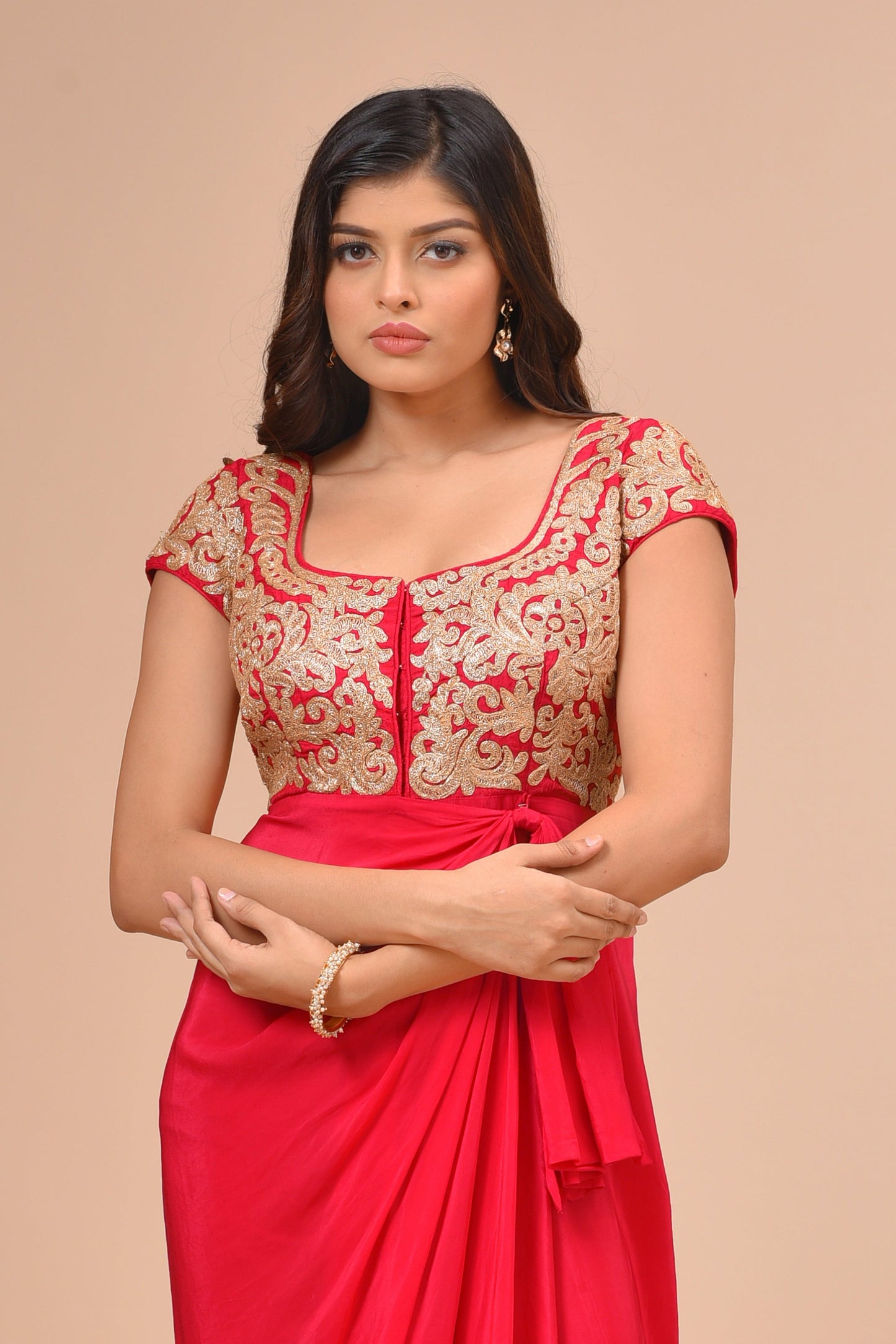 Red Habutai Silk Draped Embroidered Dress