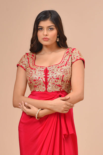 Red Habutai Silk Draped Embroidered Dress