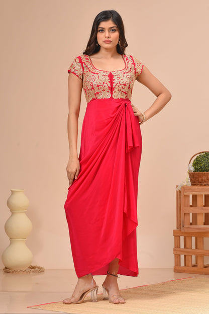 Red Habutai Silk Draped Embroidered Dress