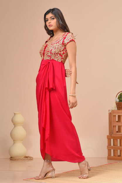 Red Habutai Silk Draped Embroidered Dress
