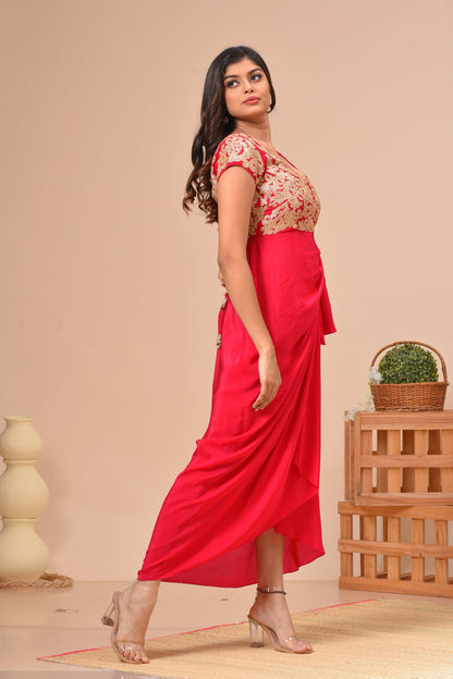 Red Habutai Silk Draped Embroidered Dress