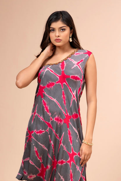 Grey & Red Modal Silk Tie Dye Draped Dress