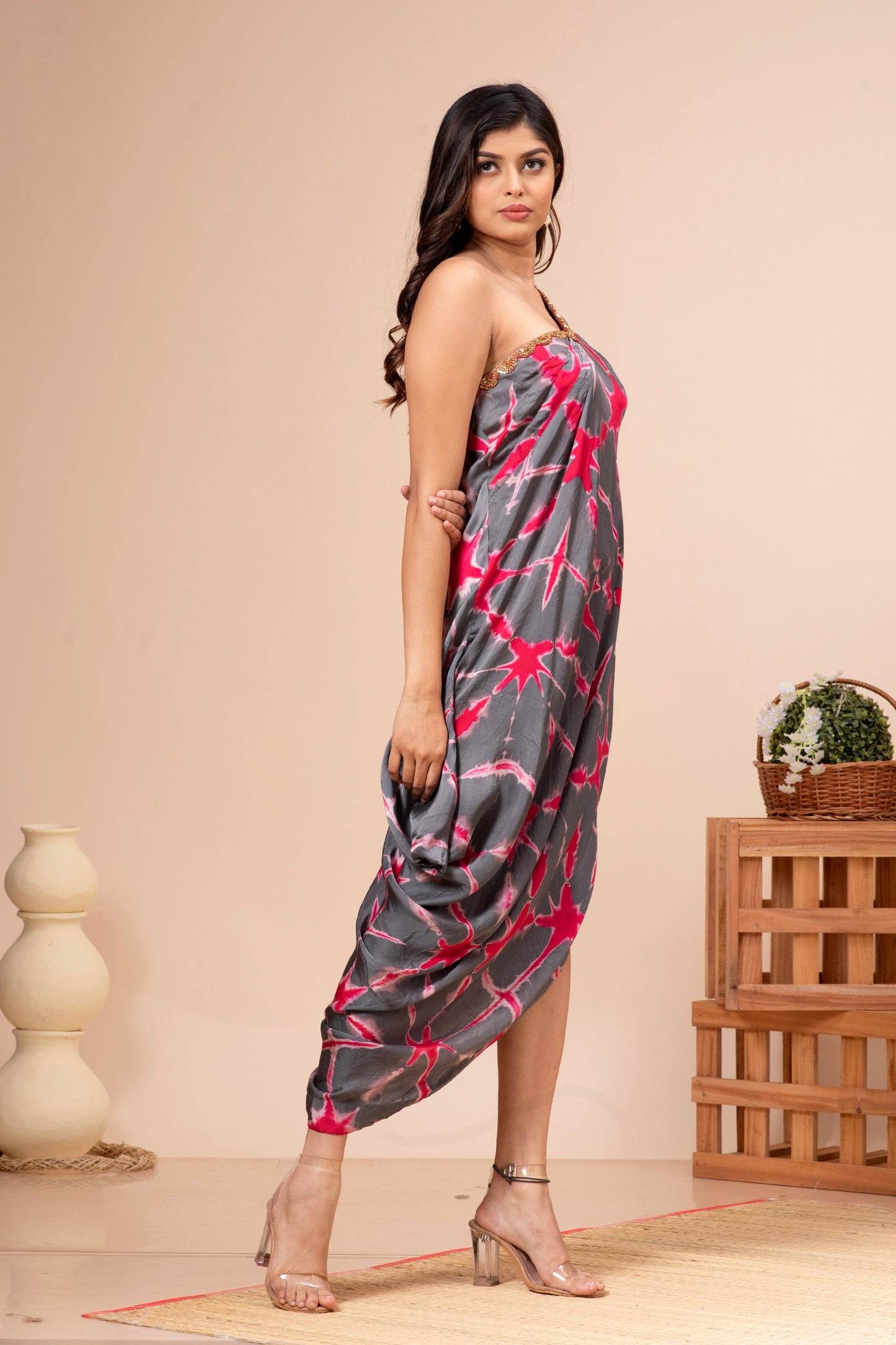 Grey & Red Modal Silk Tie Dye Draped Dress