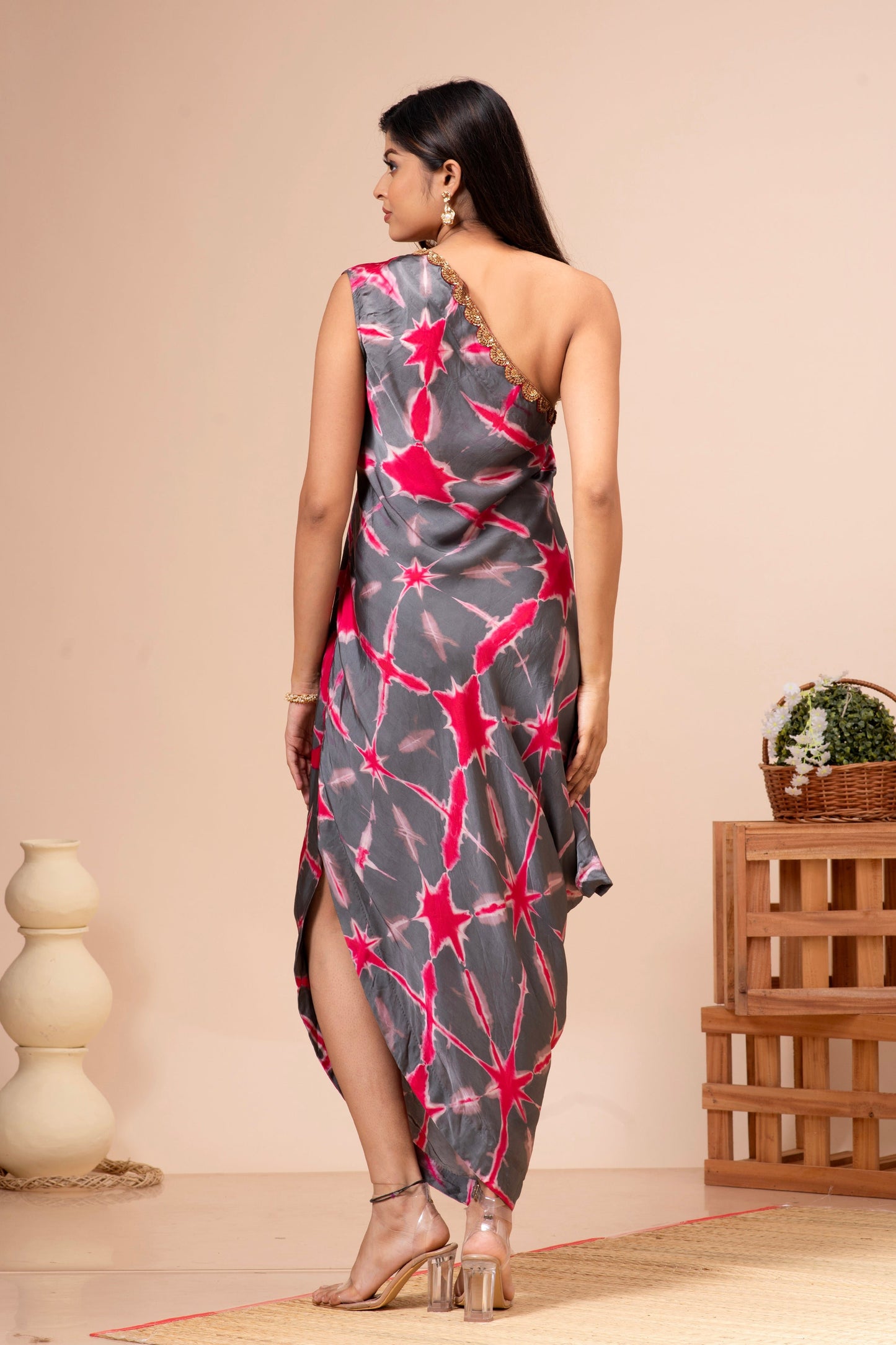 Grey & Red Modal Silk Tie Dye Draped Dress
