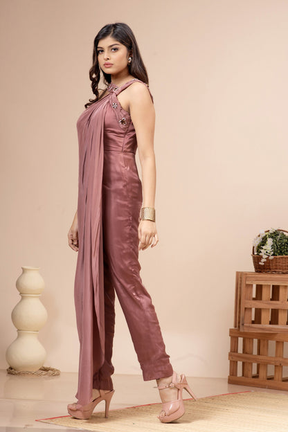 Dusty Pink Satin Jumpsuit with Stone Work