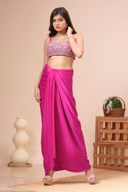 Fuchsia Pink Habutai Silk Embroidered Fusion Set