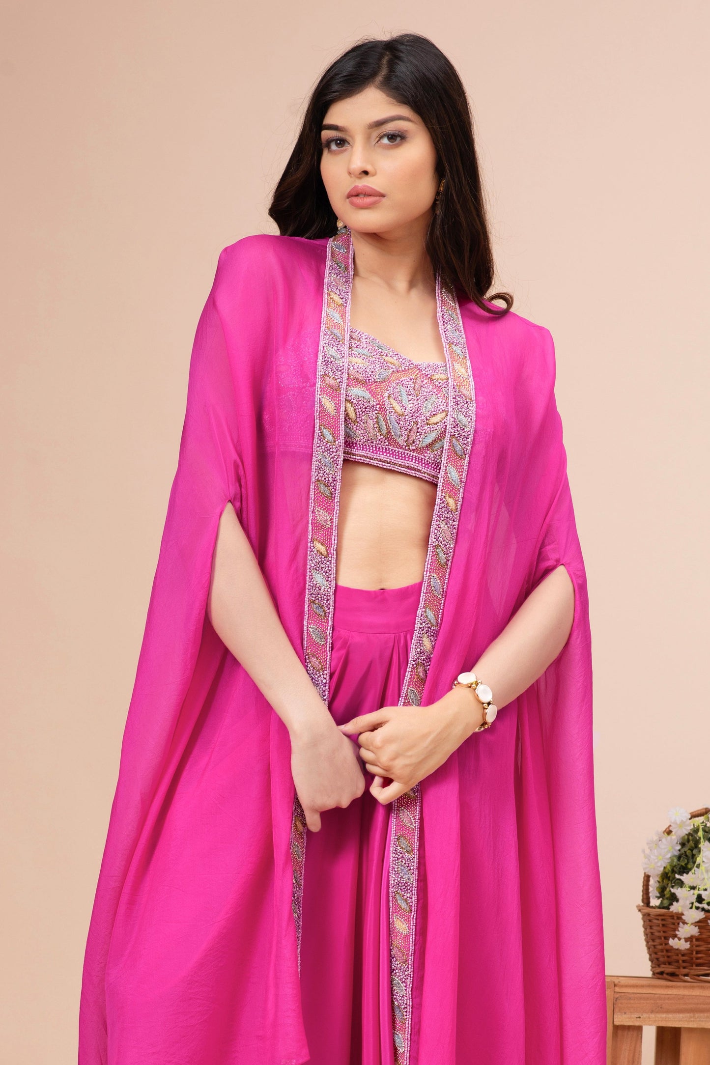 Fuchsia Pink Habutai Silk Embroidered Fusion Set