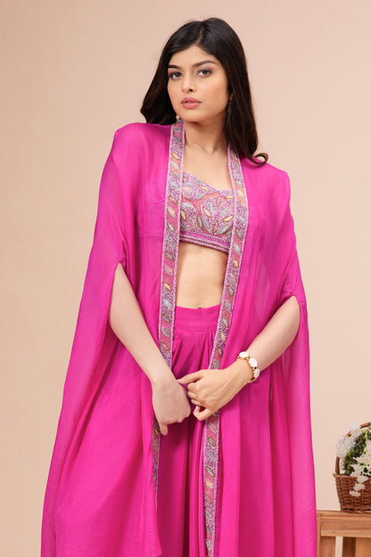 Fuchsia Pink Habutai Silk Embroidered Fusion Set