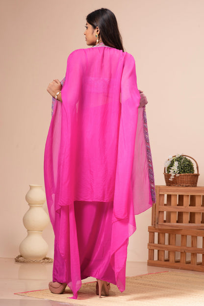 Fuchsia Pink Habutai Silk Embroidered Fusion Set