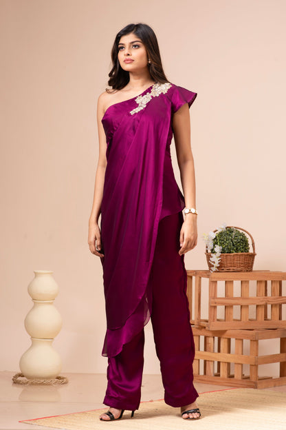 Wine Silk Draped and Embroidered Co-ord Set