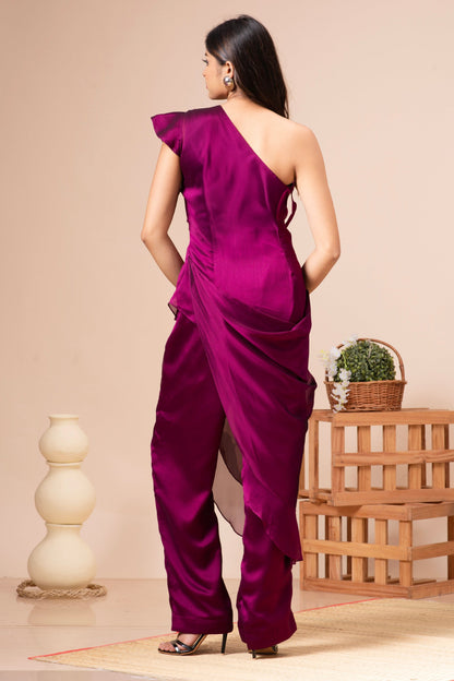 Wine Silk Draped and Embroidered Co-ord Set