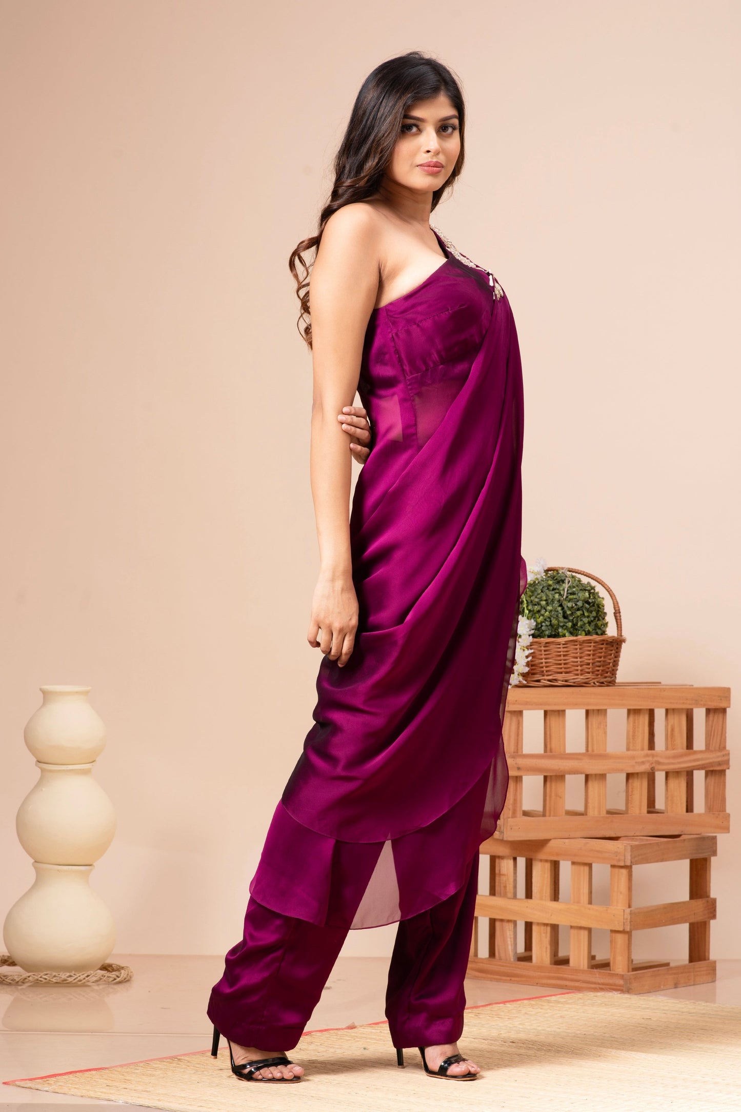Wine Silk Draped and Embroidered Co-ord Set