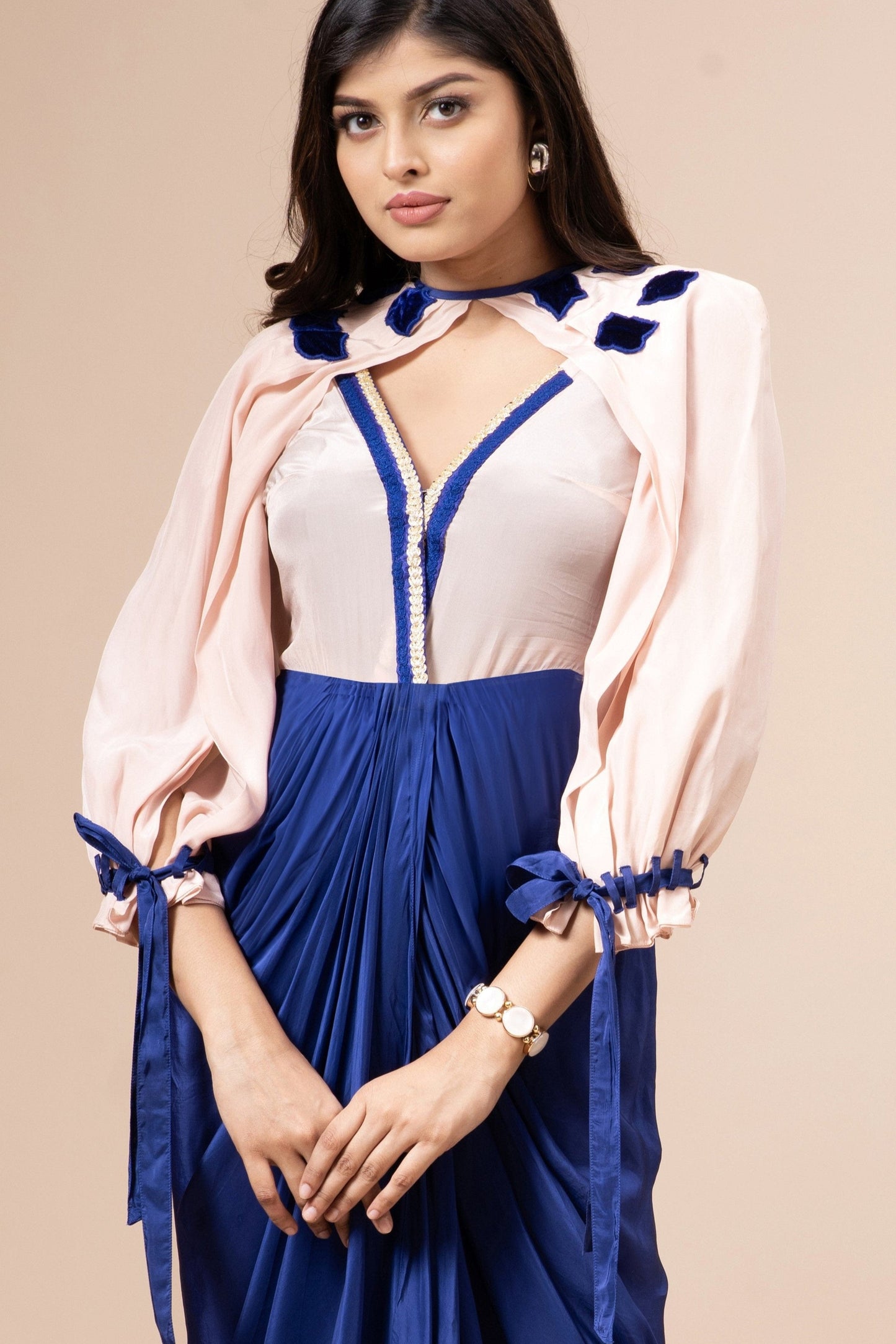 Pink Champagne and Admiral Blue Habutai Silk Embroidered Dress