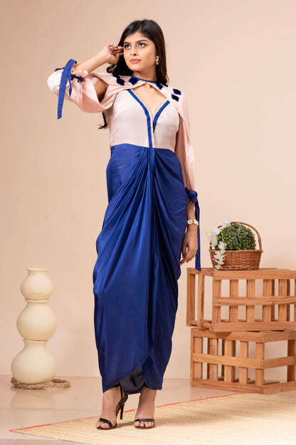 Pink Champagne and Admiral Blue Habutai Silk Embroidered Dress