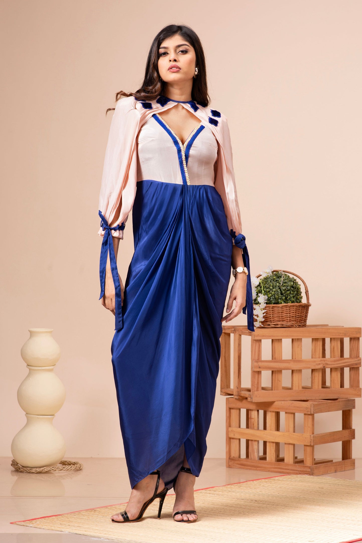 Pink Champagne and Admiral Blue Habutai Silk Embroidered Dress