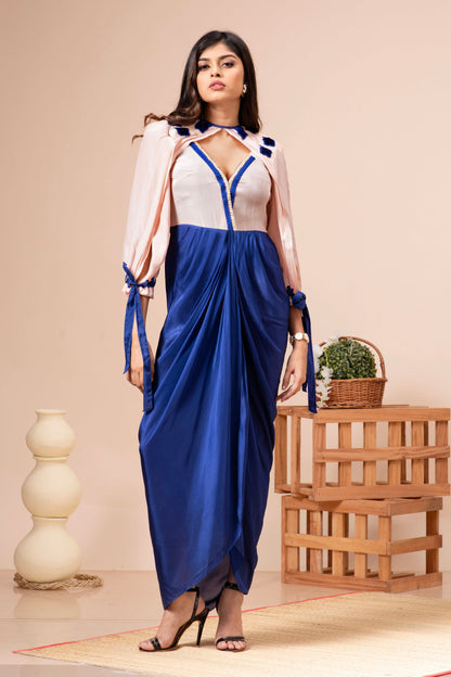 Pink Champagne and Admiral Blue Habutai Silk Embroidered Dress