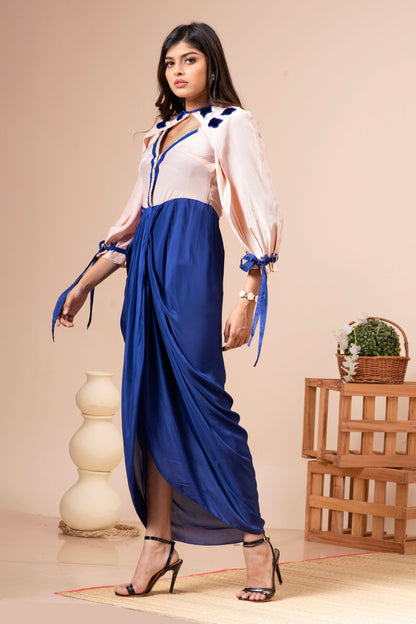 Pink Champagne and Admiral Blue Habutai Silk Embroidered Dress