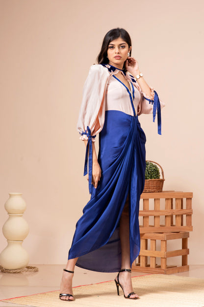 Pink Champagne and Admiral Blue Habutai Silk Embroidered Dress