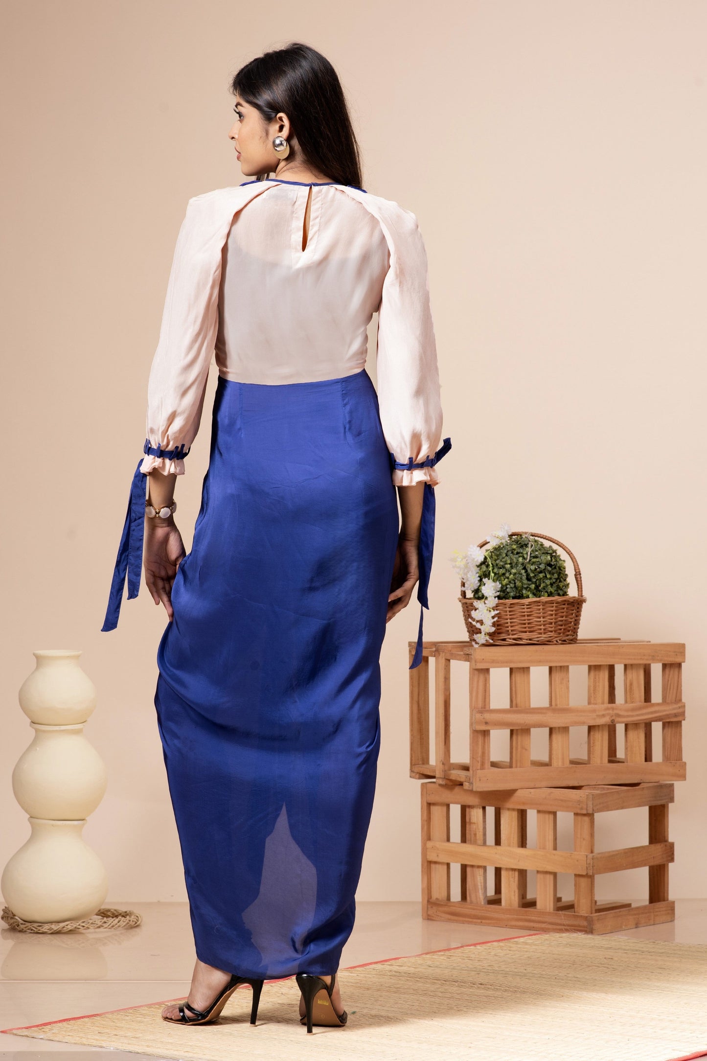 Pink Champagne and Admiral Blue Habutai Silk Embroidered Dress