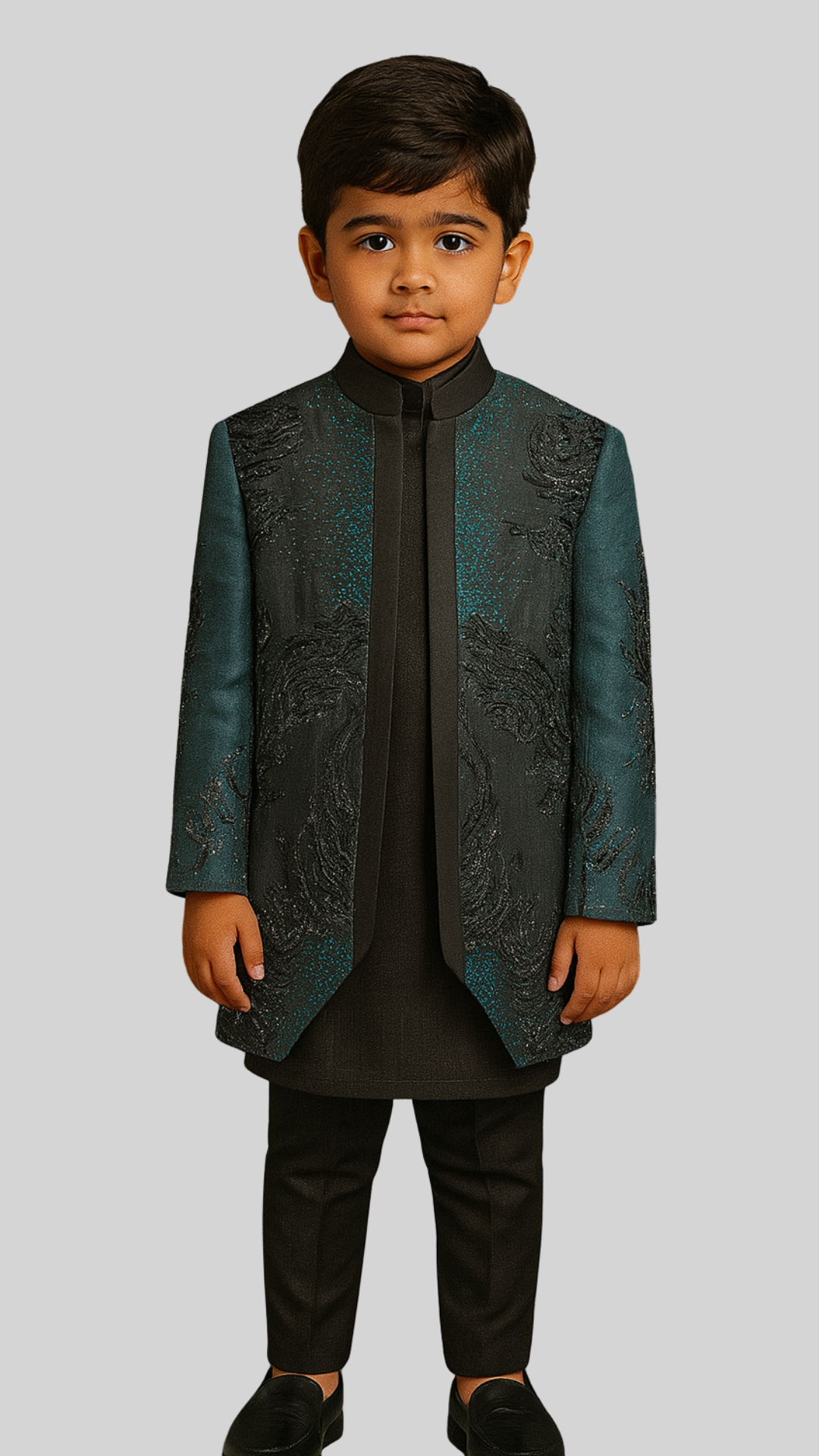 Charcoal Linen Satin Embroidered Nehru Jacket Set For Boys