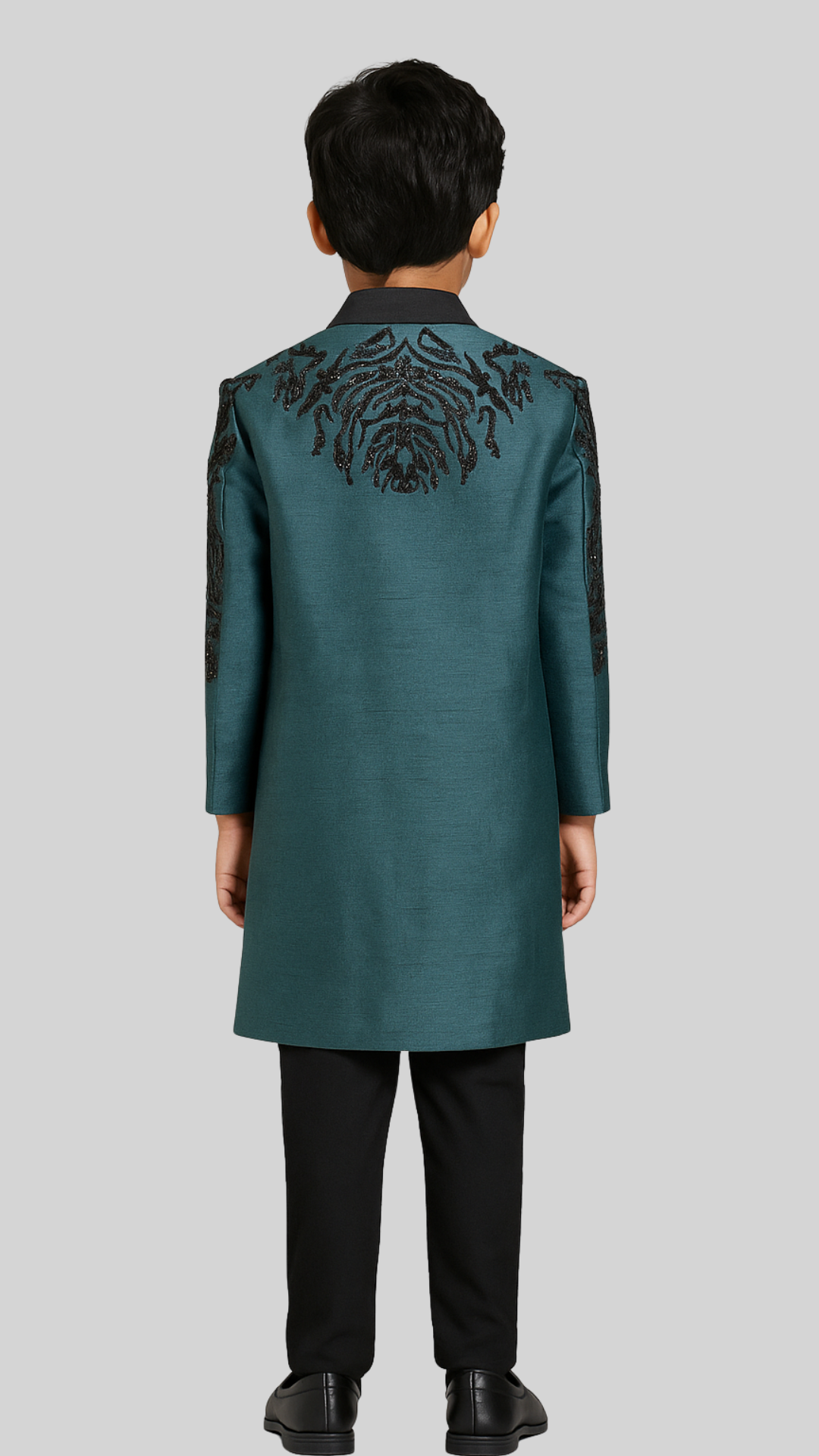 Charcoal Linen Satin Embroidered Nehru Jacket Set For Boys