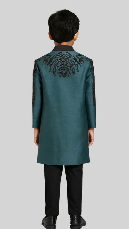 Charcoal Linen Satin Embroidered Nehru Jacket Set For Boys