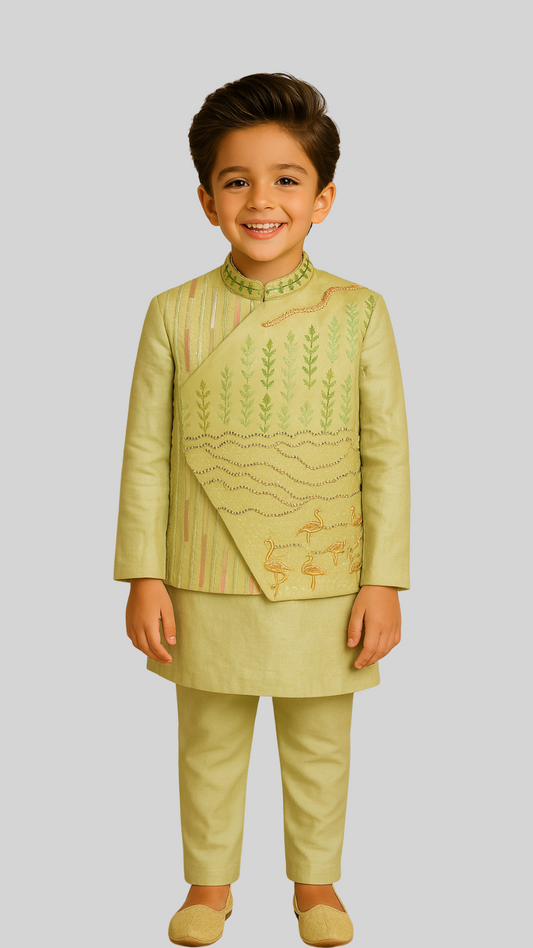 Lime Green Linen Satin Asymmetric Embroidered Nehru Jacket Set For Boys