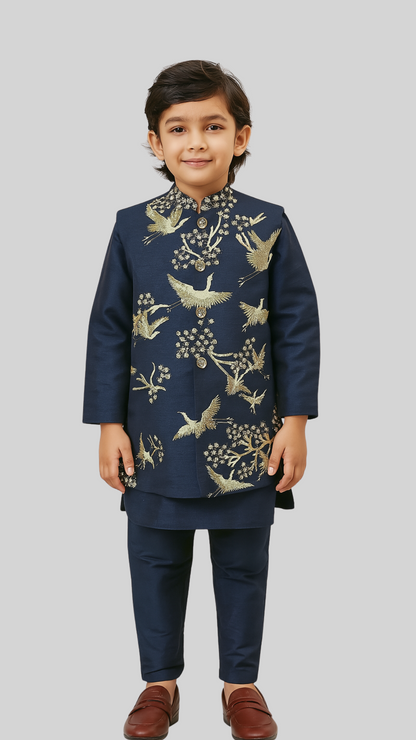 Royal Blue Bamberg Silk Embroidered Nehru Jacket Set For Boys
