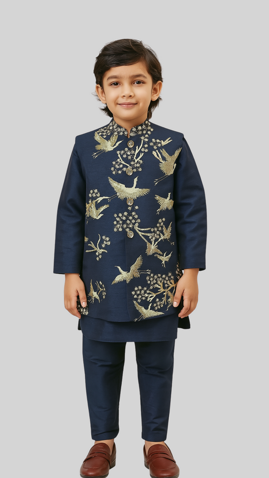 Royal Blue Bamberg Silk Embroidered Nehru Jacket Set For Boys