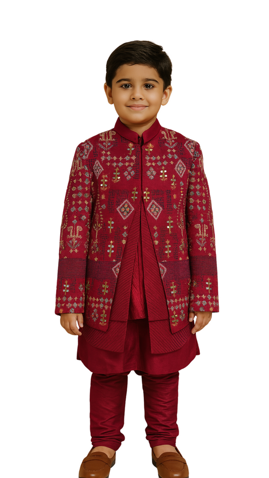 Crimson Red Linen Satin Embroidered Nehru Jacket Set For Boys