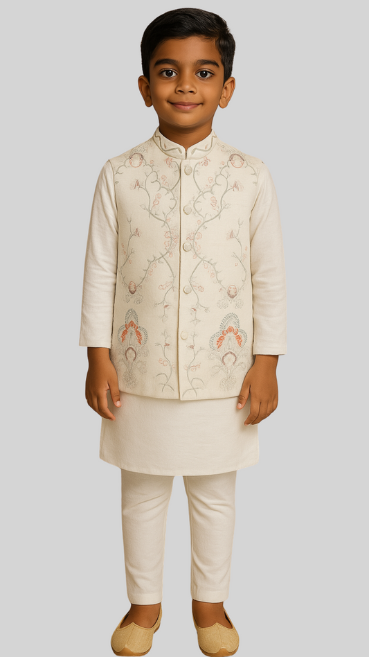 Ivory Linen Satin Embroidered Nehru Jacket Set For Boys