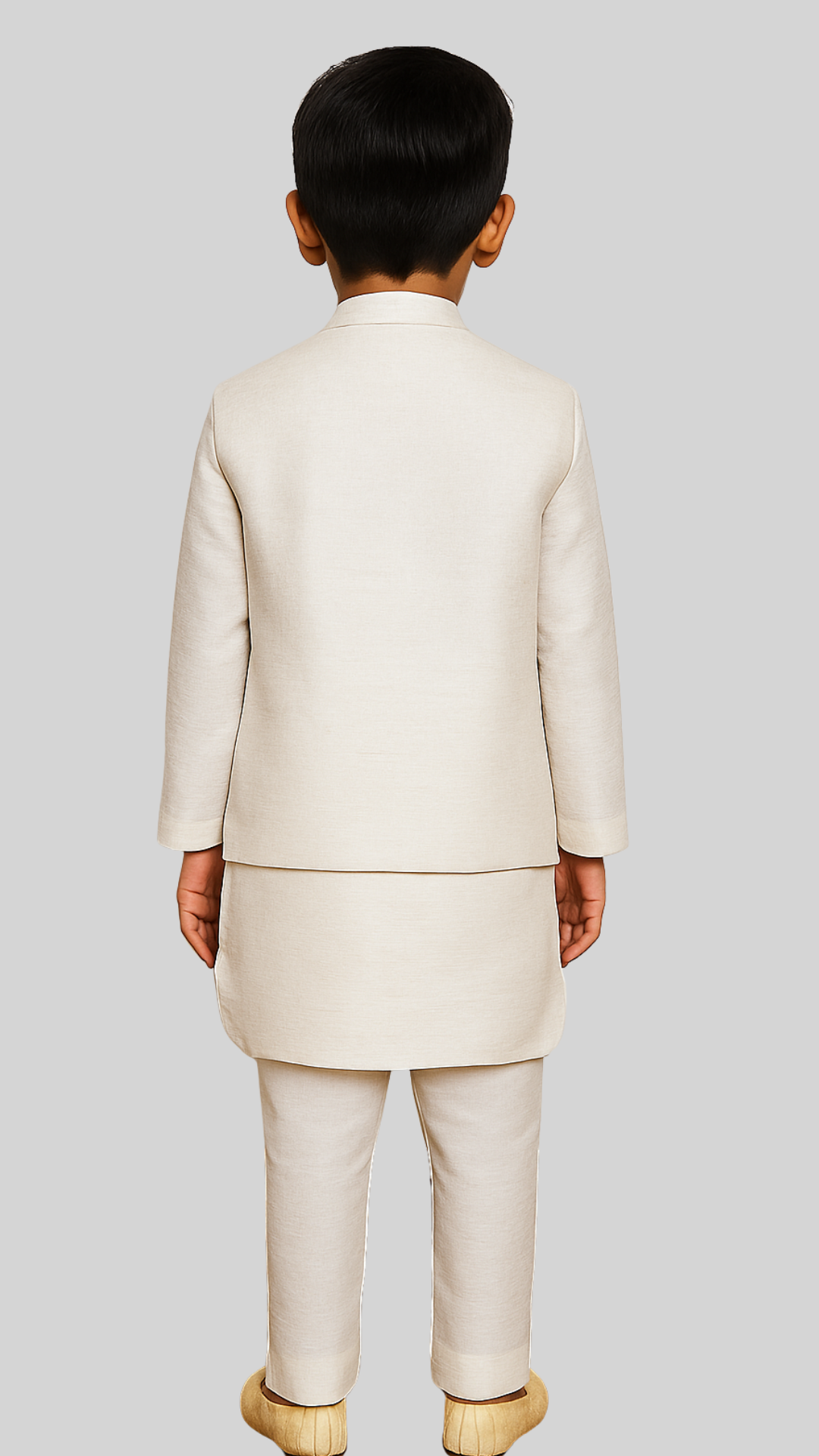 Ivory Linen Satin Embroidered Nehru Jacket Set For Boys