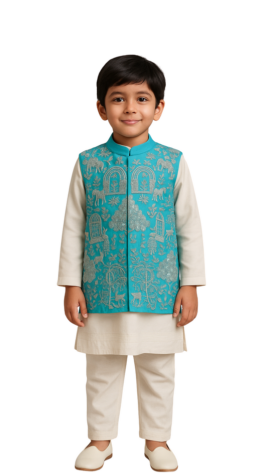 Turquoise Bamberg Silk Embroidered Nehru Jacket Set For Boys