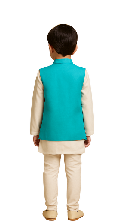 Turquoise Bamberg Silk Embroidered Nehru Jacket Set For Boys
