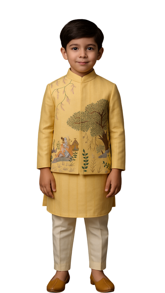 Yellow Bamberg Silk Embroidered Nehru Jacket Set For Boys