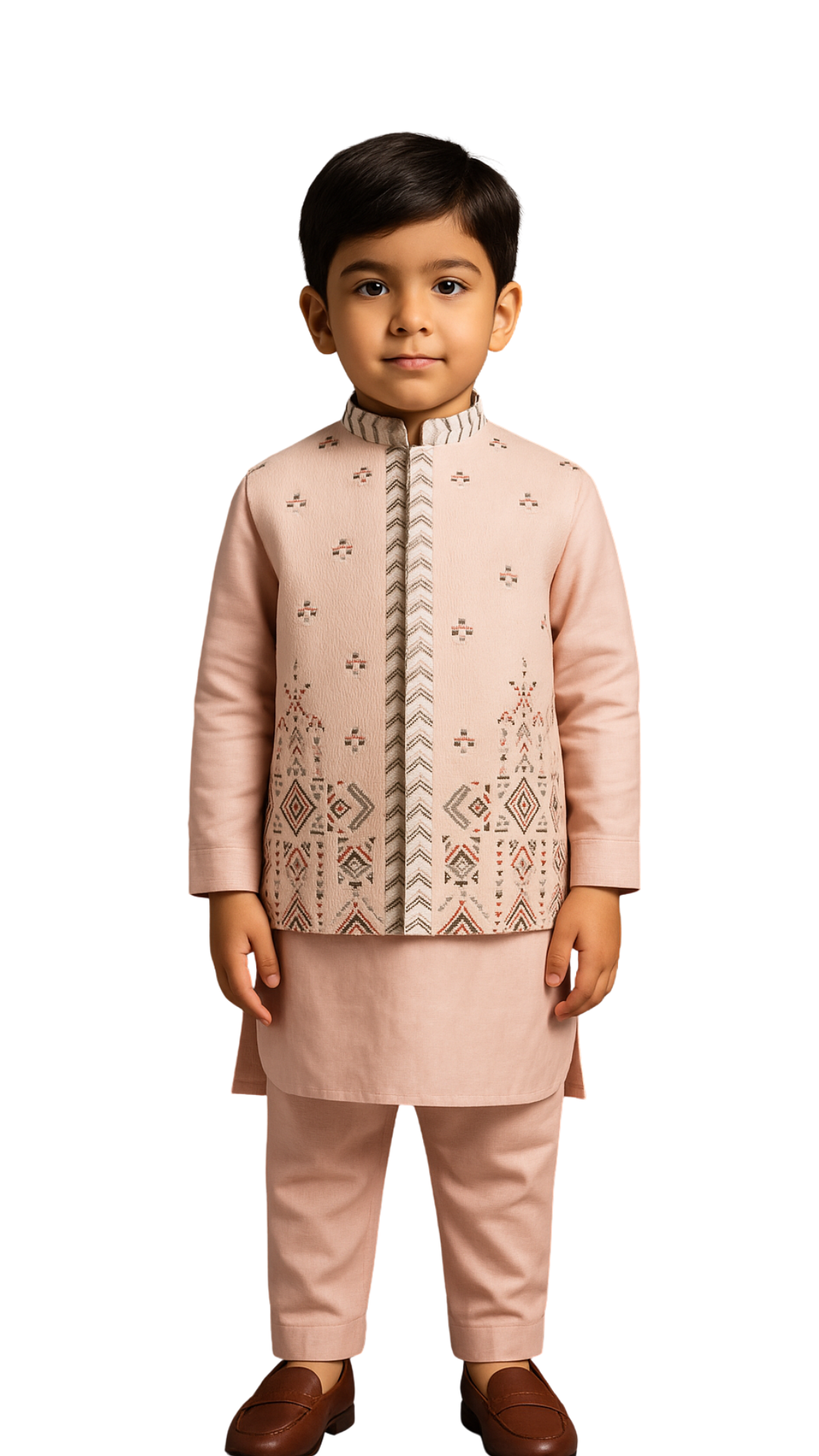Blush Pink Linen Satin Embroidered Nehru Jacket Set For Boys